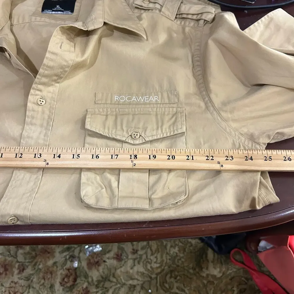 Rocawear Shirt Mens XL Tan Cotton Long Sleeve Button‎ Up Vintage Y2K Hip Hop